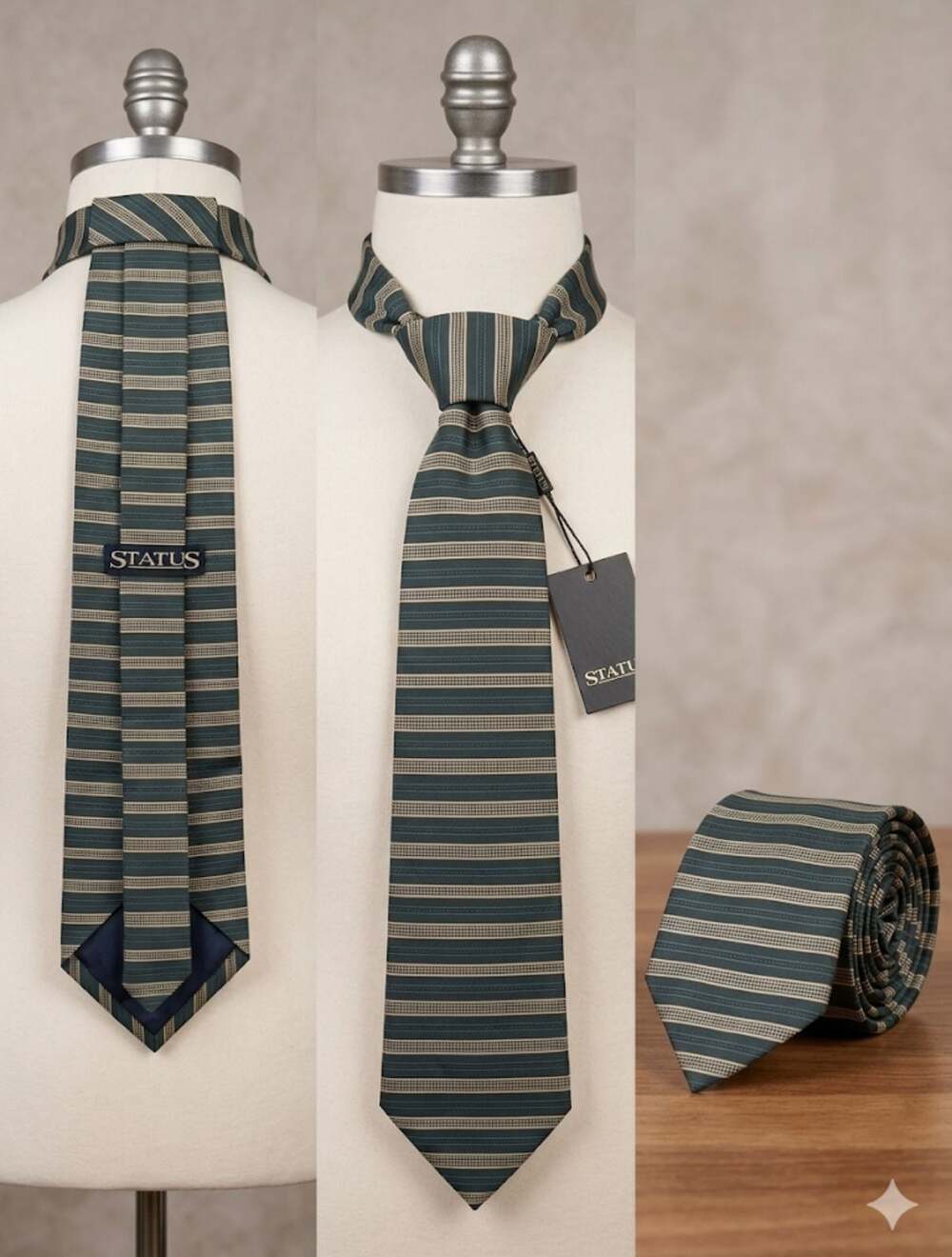Status Mens Green and Khaki Micro Stripe Woven Tie
